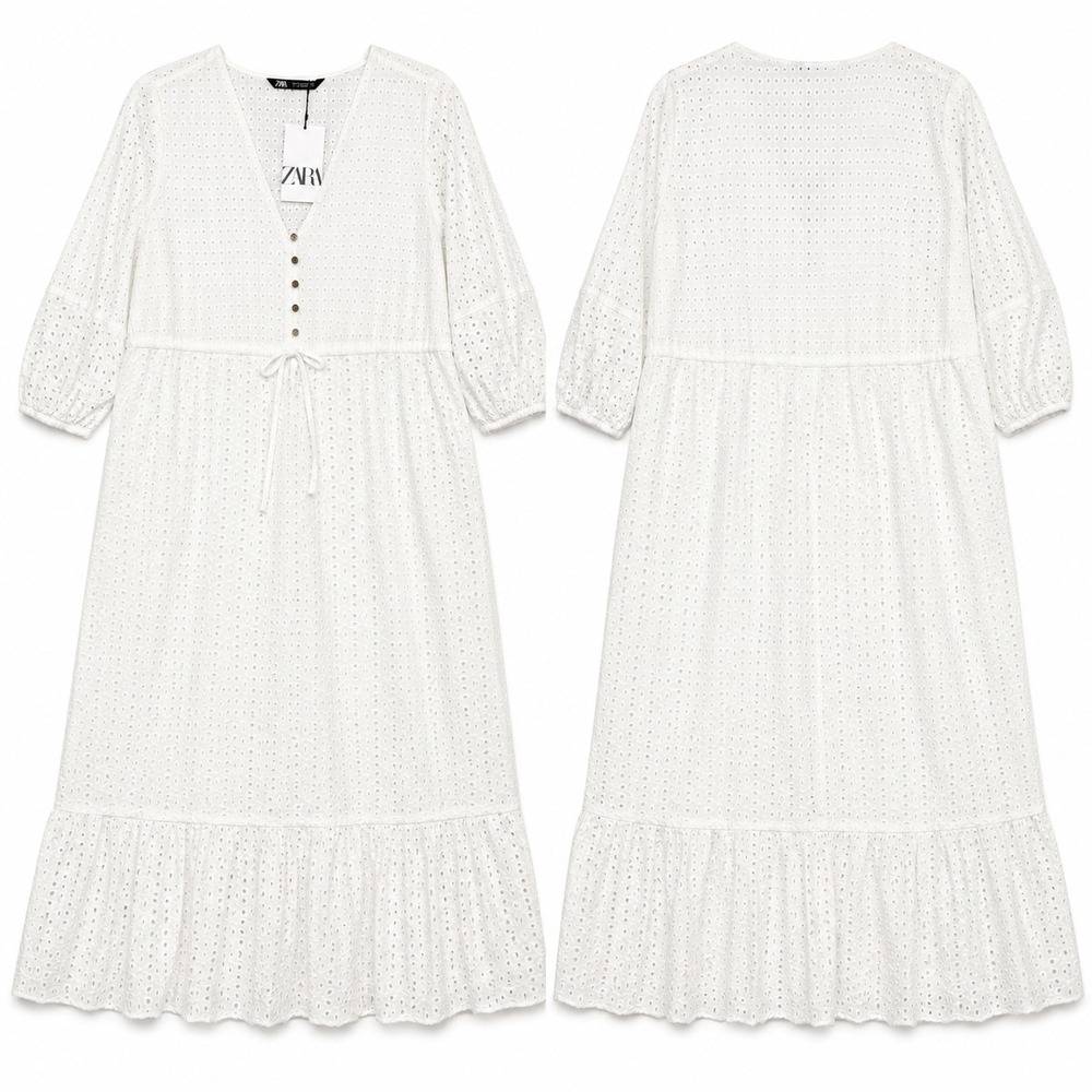 Zara NWT White Eyelet Cotton Midi Dress Cottagecore Coquette Festival Small